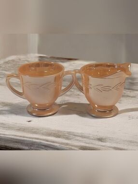 Fire King Peach Lustre Ware Glass Creamer and Sugar Set Laurel Leaf Pattern